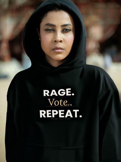 Rage Vote Repeat heavy blend hoodie by Moral Fabric — progressive political streetwear Canada