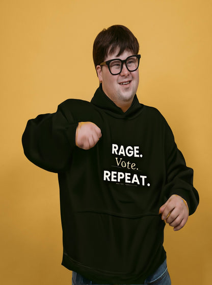 Rage Vote Repeat heavy blend hoodie by Moral Fabric — progressive political streetwear Canada