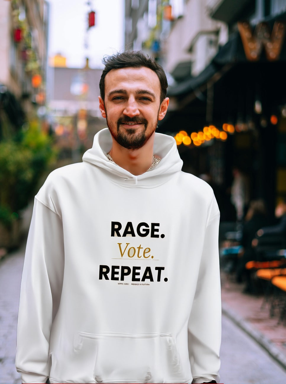 Rage Vote Repeat hoodie by Moral Fabric — progressive activist political streetwear Canada