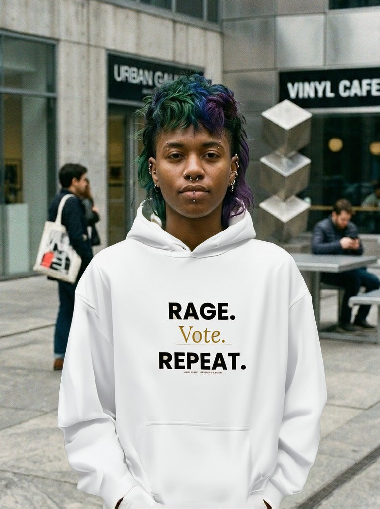 Rage Vote Repeat hoodie by Moral Fabric — progressive activist political streetwear Canada