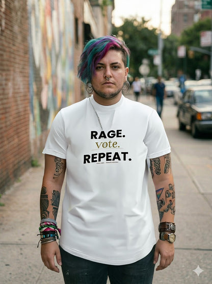 Rage Vote Repeat t-shirt by Moral Fabric — bold progressive political tee Canada