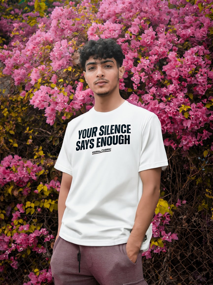 Your Silence Says Enough t-shirt by Moral Fabric — anti-racism activist tee Canada