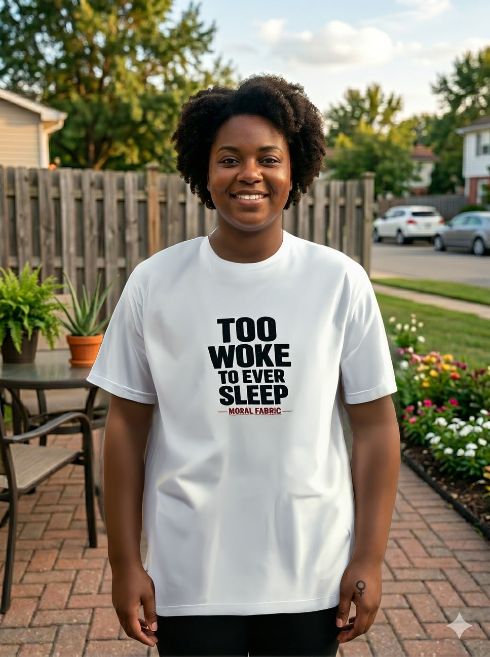 Too Woke To Ever Sleep t-shirt by Moral Fabric — progressive activist tee Canada