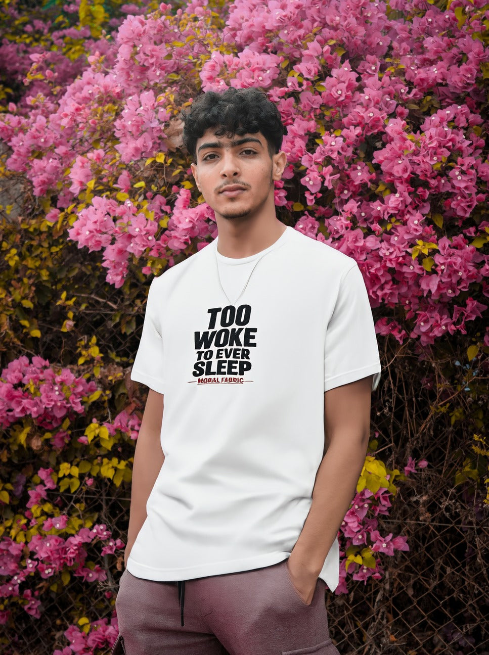 Too Woke To Ever Sleep t-shirt by Moral Fabric — progressive activist tee Canada
