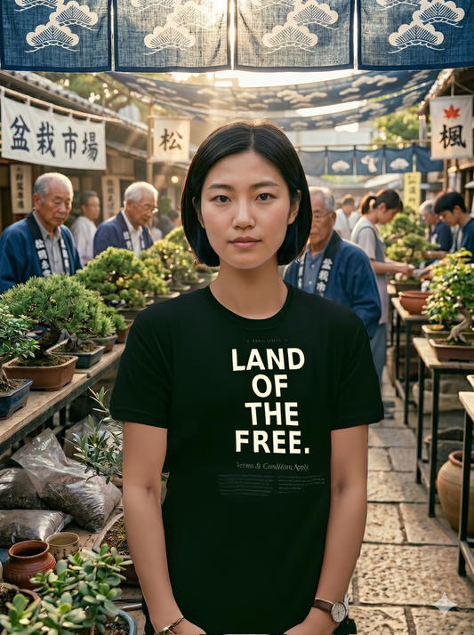Land of the Free t-shirt by Moral Fabric — political satire tee for Canadians