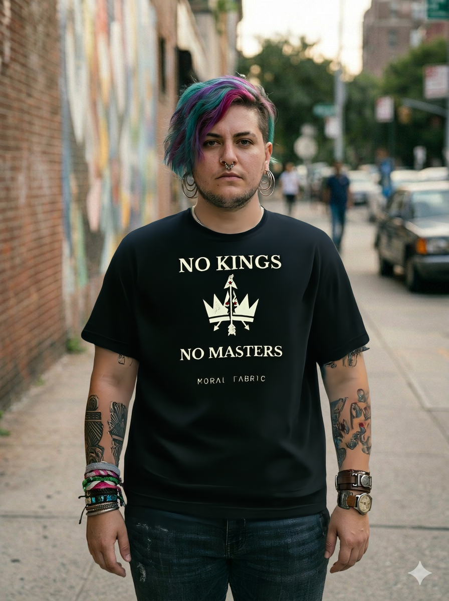 No Kings t-shirt by Moral Fabric — anti-authoritarian political tee Canada
