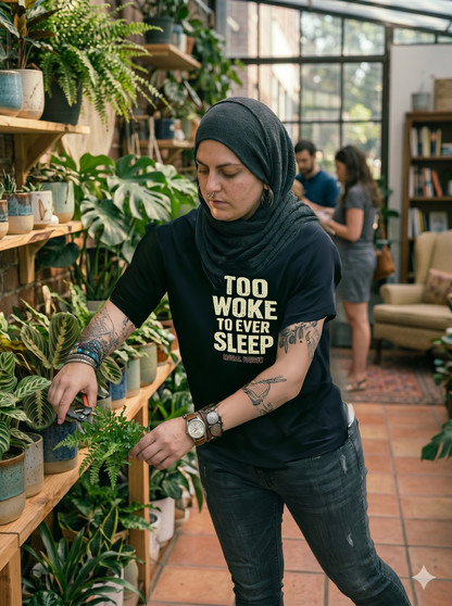 Too Woke To Ever Sleep t-shirt by Moral Fabric — progressive activist tee Canada